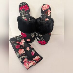 Victoria Secret Black Faux Fur Women's Slippers With Bag NWT